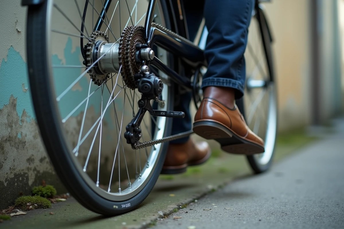 Gros plan sur la mécanique d'un frein à rétropédalage avec pédale et chaîne d'un vélo vintage