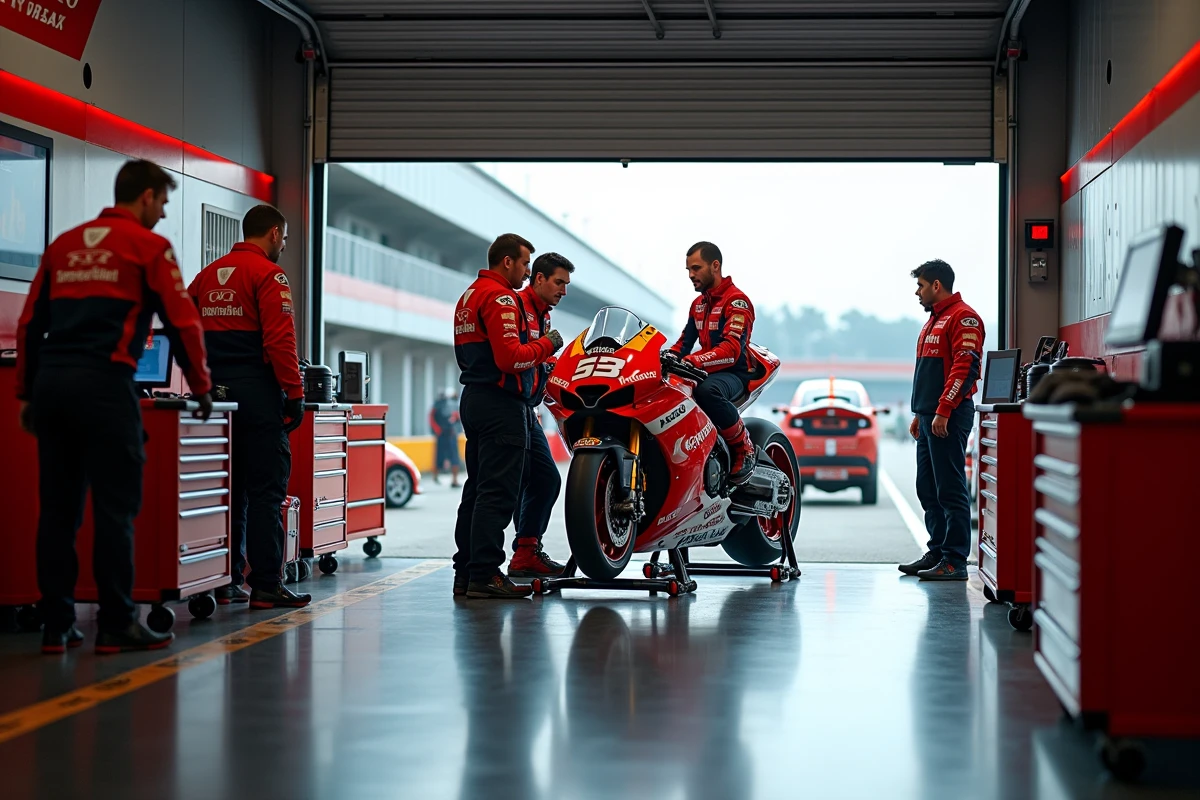 Mécaniciens d'équipe MotoGP travaillant sur une moto de course dans le garage des stands lors d'un Grand Prix