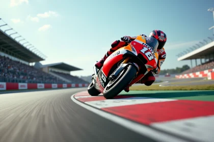 Moto MotoGP en pleine course penchée dans un virage sur circuit professionnel, pilote en combinaison de course aérodynamique