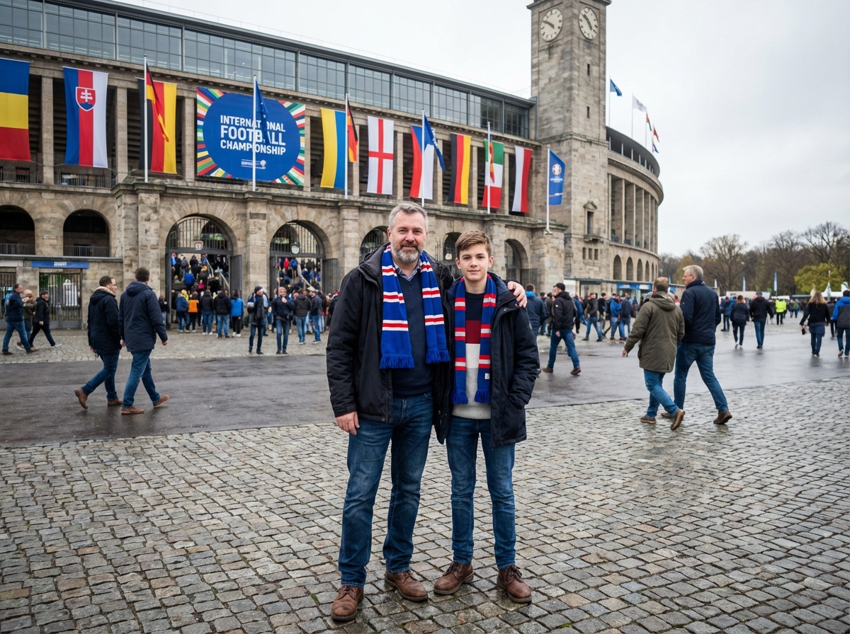 Père et fils avec écharpes devant un stade européen