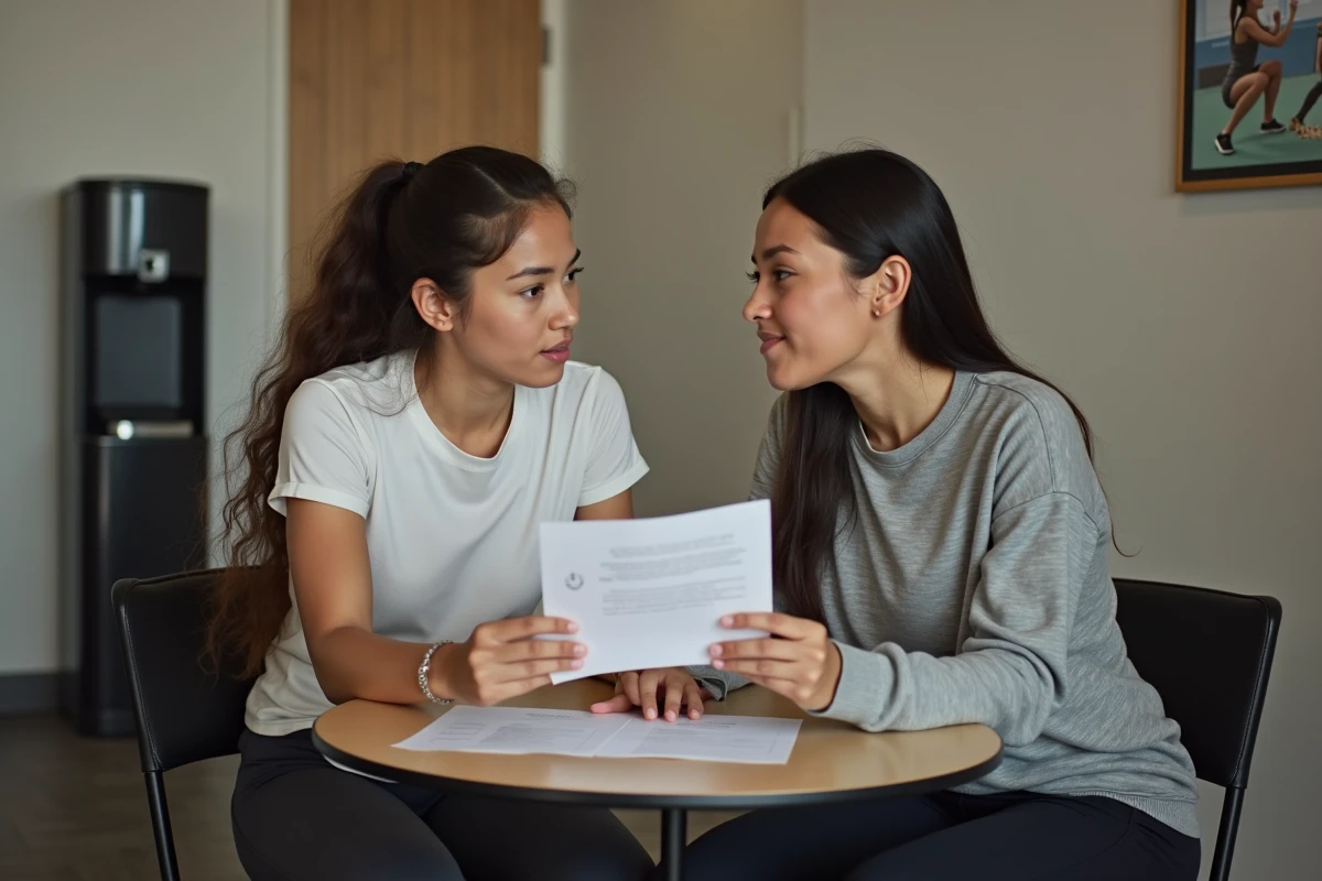 Mère et adolescente examinant un formulaire d'adhésion dans une salle de sport pour mineurs