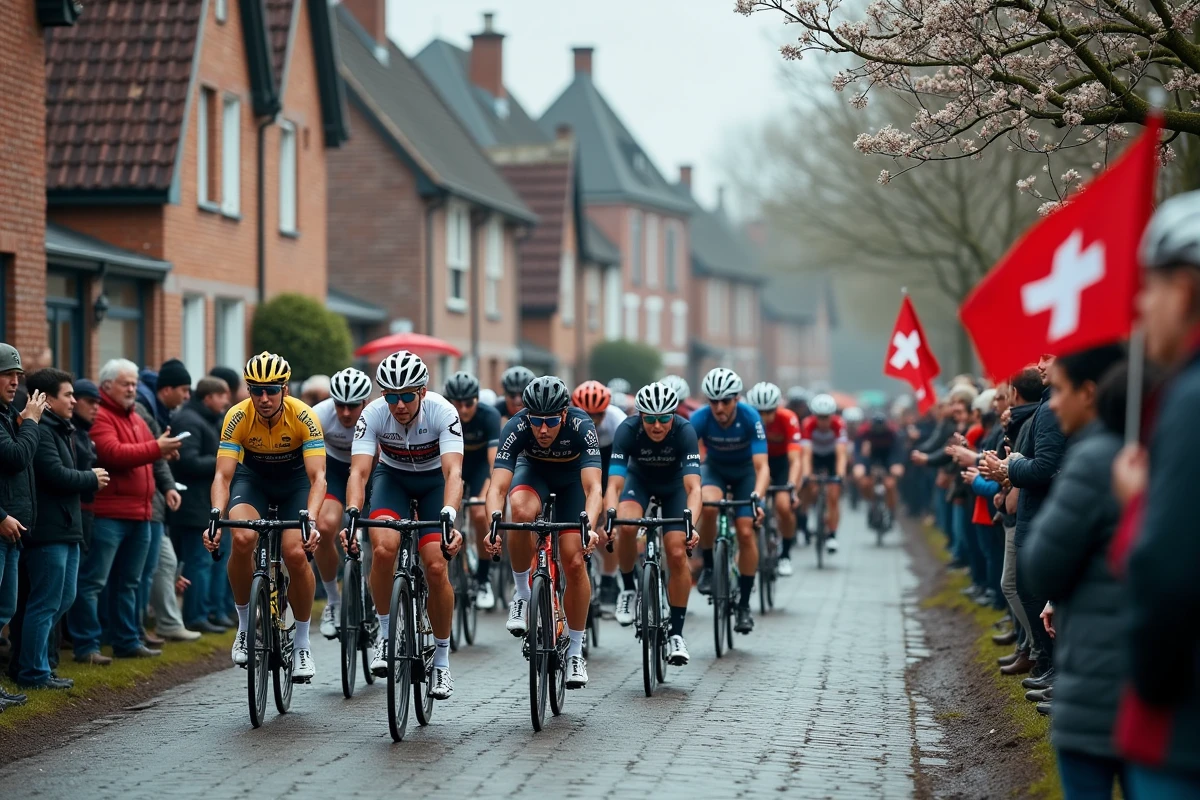 Peloton de cyclistes professionnels sur les pavés d'un village belge lors d'une classique printanière, avec des spectateurs agitant des drapeaux en bord de route