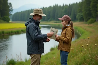 Père et fille examinent leur permis de pêche 2026 au bord de la rivière