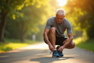 Personne attachant ses chaussures de course dans un parc ensoleille