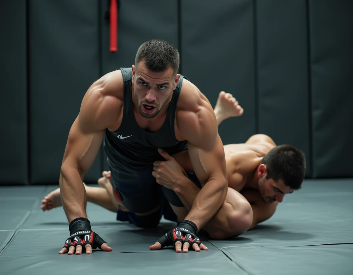 Combattant MMA de petite taille utilisant son centre de gravité bas pour exécuter un takedown en salle de grappling