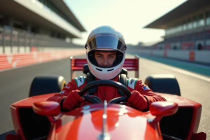 Pilote de course en combinaison rouge au volant d'une monoplace sur un circuit automobile professionnel