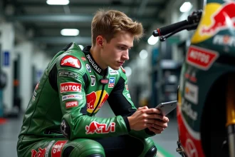 Jeune pilote Moto2 analysant les données dans le paddock d'un circuit de MotoGP