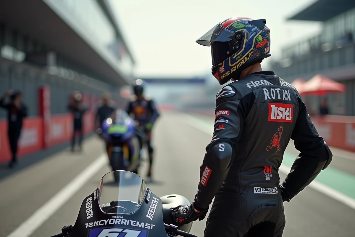 Pilote MotoGP en tenue de course complet sur la grille de départ, visière relevée, regard concentré avant le Grand Prix