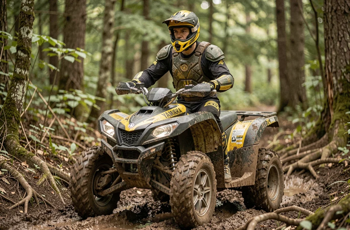 Pilote équipé en tenue motocross sur un Yamaha Raptor 700 en forêt, configuration idéale pour la randonnée sportive