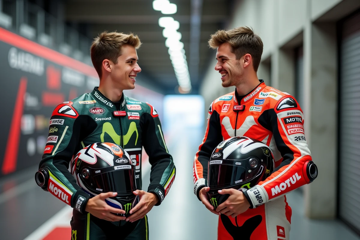 Deux jeunes pilotes Moto2 et Moto3 discutant dans les coulisses d'un grand prix de MotoGP