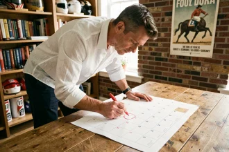 Homme planifiant les courses et férias 2026 sur un calendrier papier dans un bureau décoré de souvenirs taurins