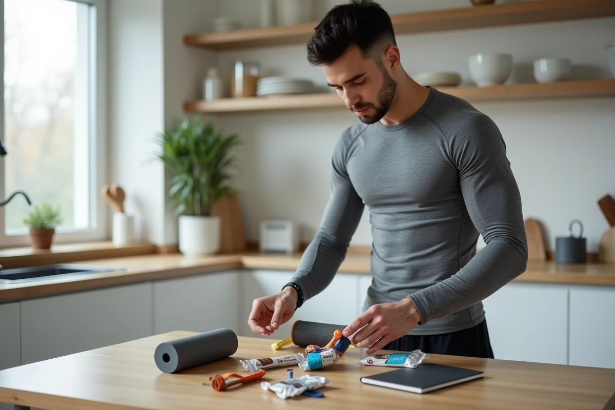 Homme athlétique préparant des cadeaux sportifs pour un calendrier de l'Avent fitness sur une table en bois