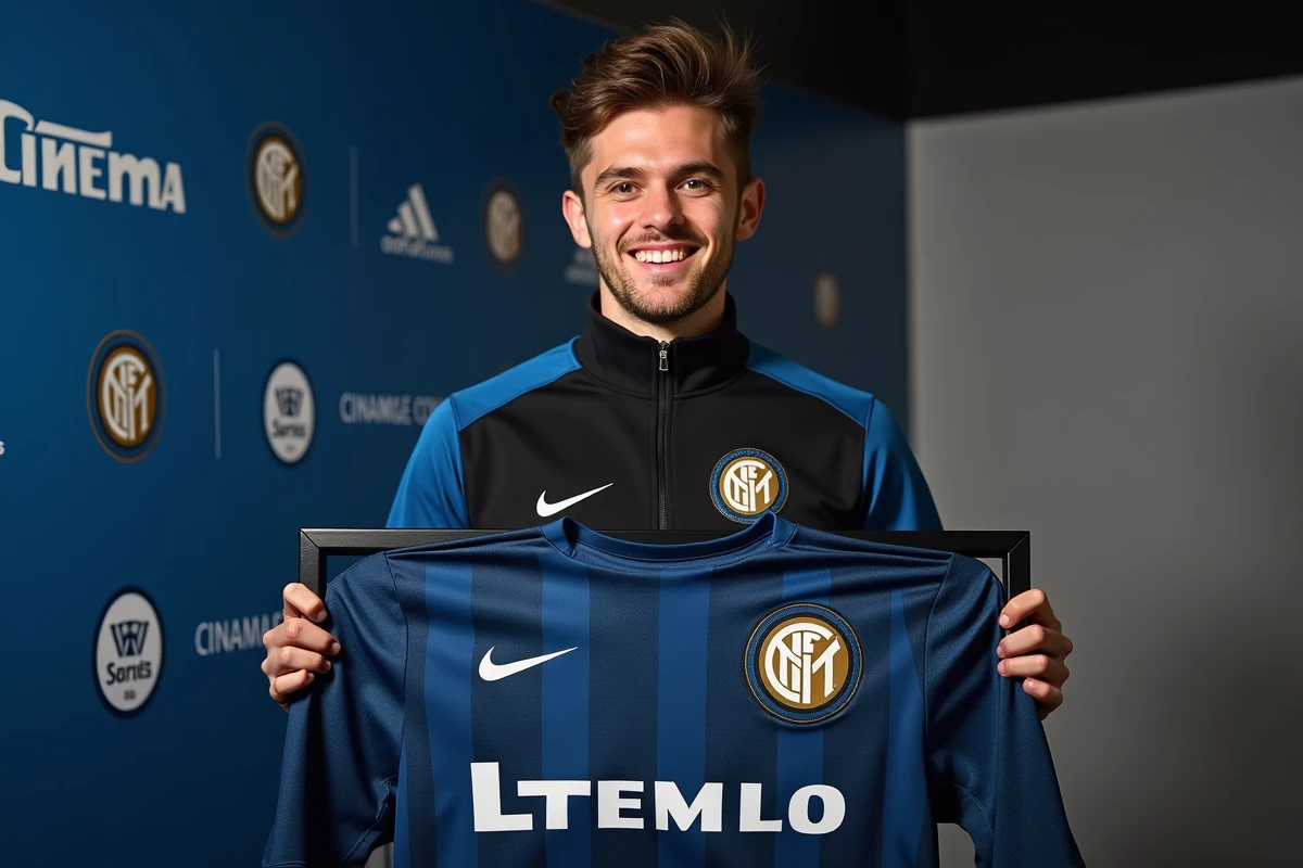 Nouveau joueur recruté par l'Inter Milan tenant son maillot lors d'une conférence de presse officielle de présentation