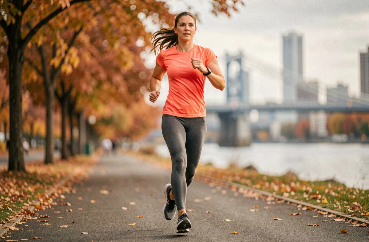Femme courant sur un chemin urbain en automne, suivant un programme de course à pied personnalisé Sportrip