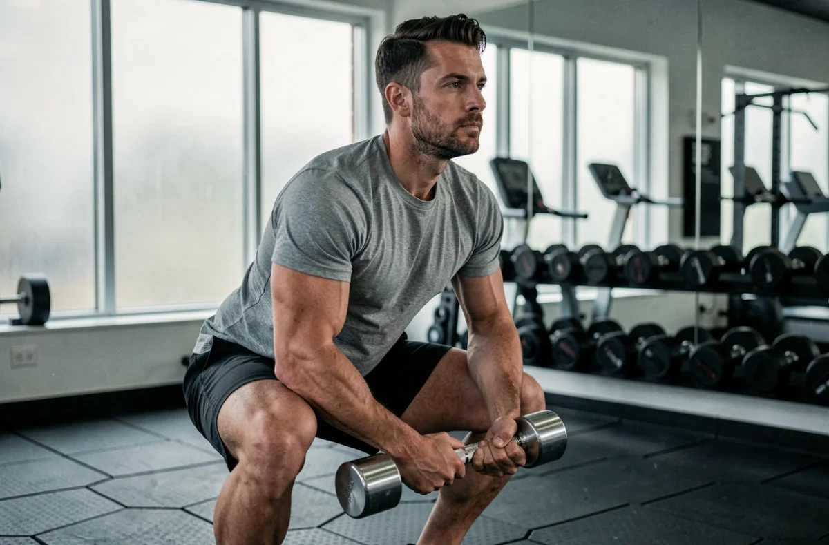 Homme réalisant un squat avec haltères dans une salle de fitness moderne, suivant un programme fitness structuré via Sportrip
