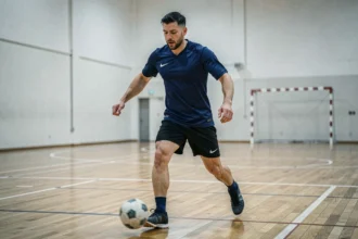 Joueur de futsal en action sur un terrain intérieur, dribblant avec concentration lors d'un entraînement guidé par programme Sportrip