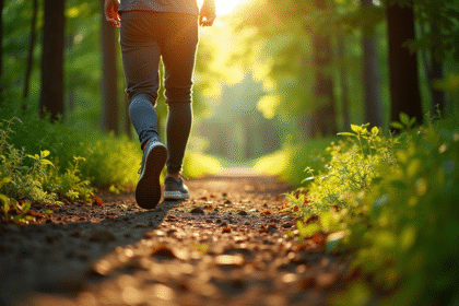 Personne marchant dans une forêt ensoleillée avec des pas visibles