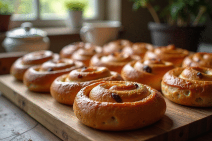Gros plan sur des pains aux raisins frais sur une table en bois