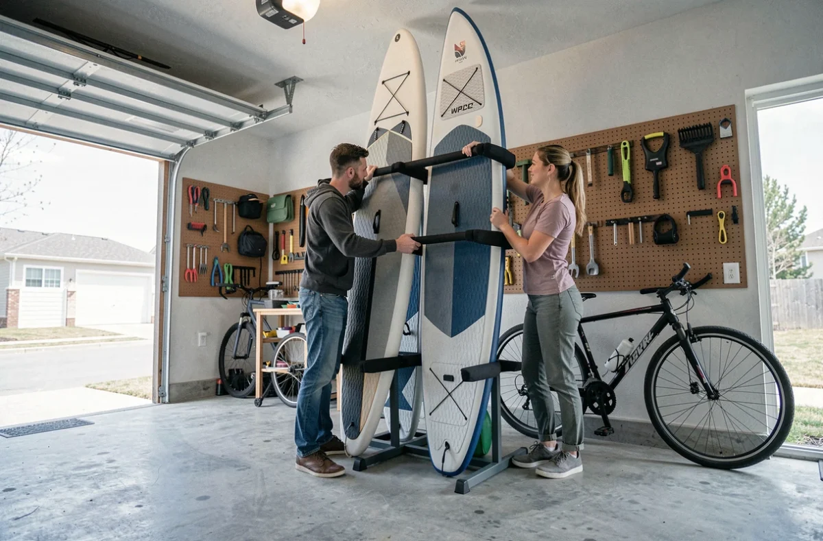 Deux amis rangeant des stand-up paddles sur un rack mural dans un garage organisé
