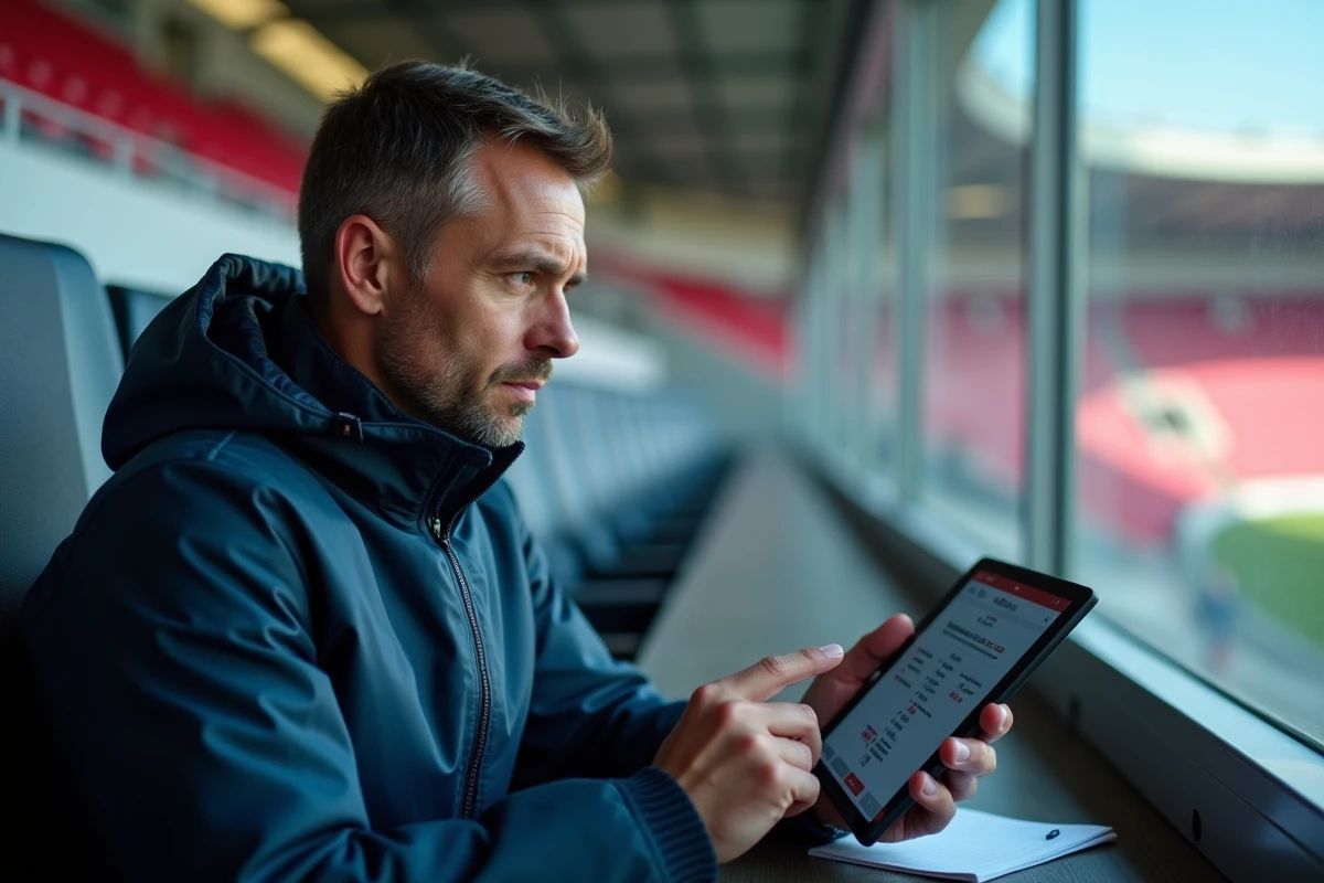 Recruteur de football professionnel analysant des statistiques de joueur sur tablette dans la tribune de presse d'un stade européen