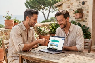 Couple réservant un séjour à Montalivet en 2026 sur un ordinateur portable depuis une terrasse estivale