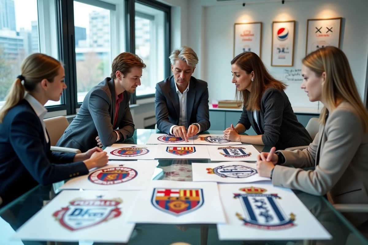 Équipe créative en réunion pour la refonte du logo d'un club de football FC avec maquettes imprimées sur la table
