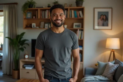 Homme samoan-americain en portrait détendu dans un salon chaleureux