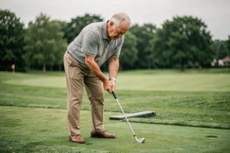 Senior golfeur pratiquant un wedge chip shot sur une aire de short game, mains bien positionnées sur le grip avec concentration