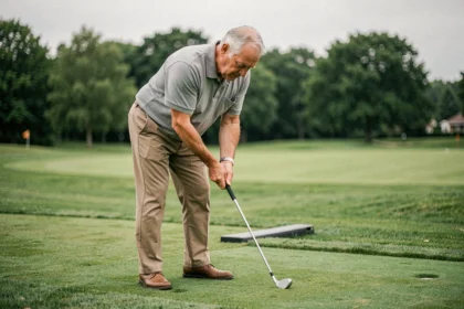 Senior golfeur pratiquant un wedge chip shot sur une aire de short game, mains bien positionnées sur le grip avec concentration