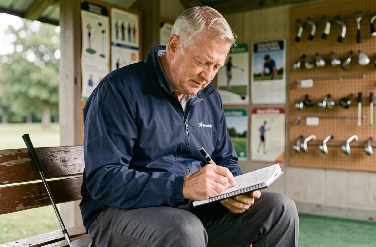 Golfeur senior consultant ses notes d'entraînement au wedge dans un pavillon de practice de golf, club de wedge posé contre le banc