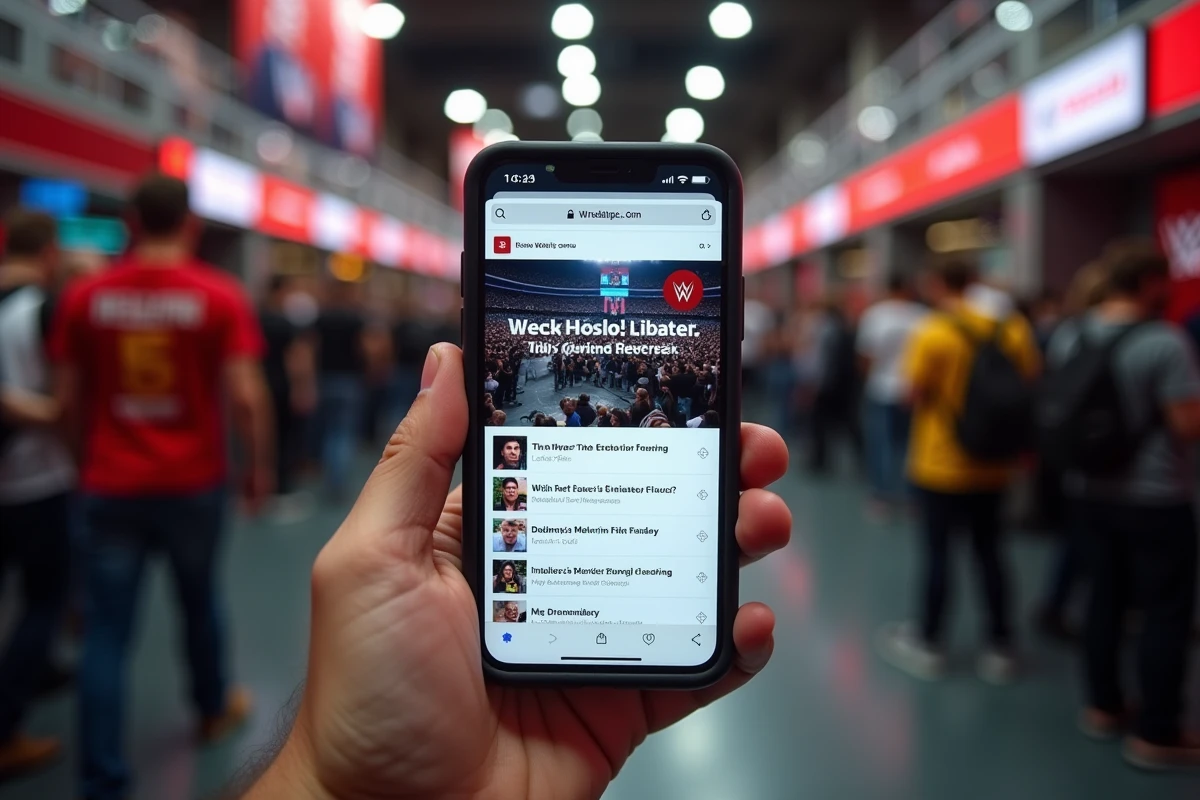 Main tenant un smartphone affichant un forum de rumeurs WWE dans le couloir d'une arène de catch bondée