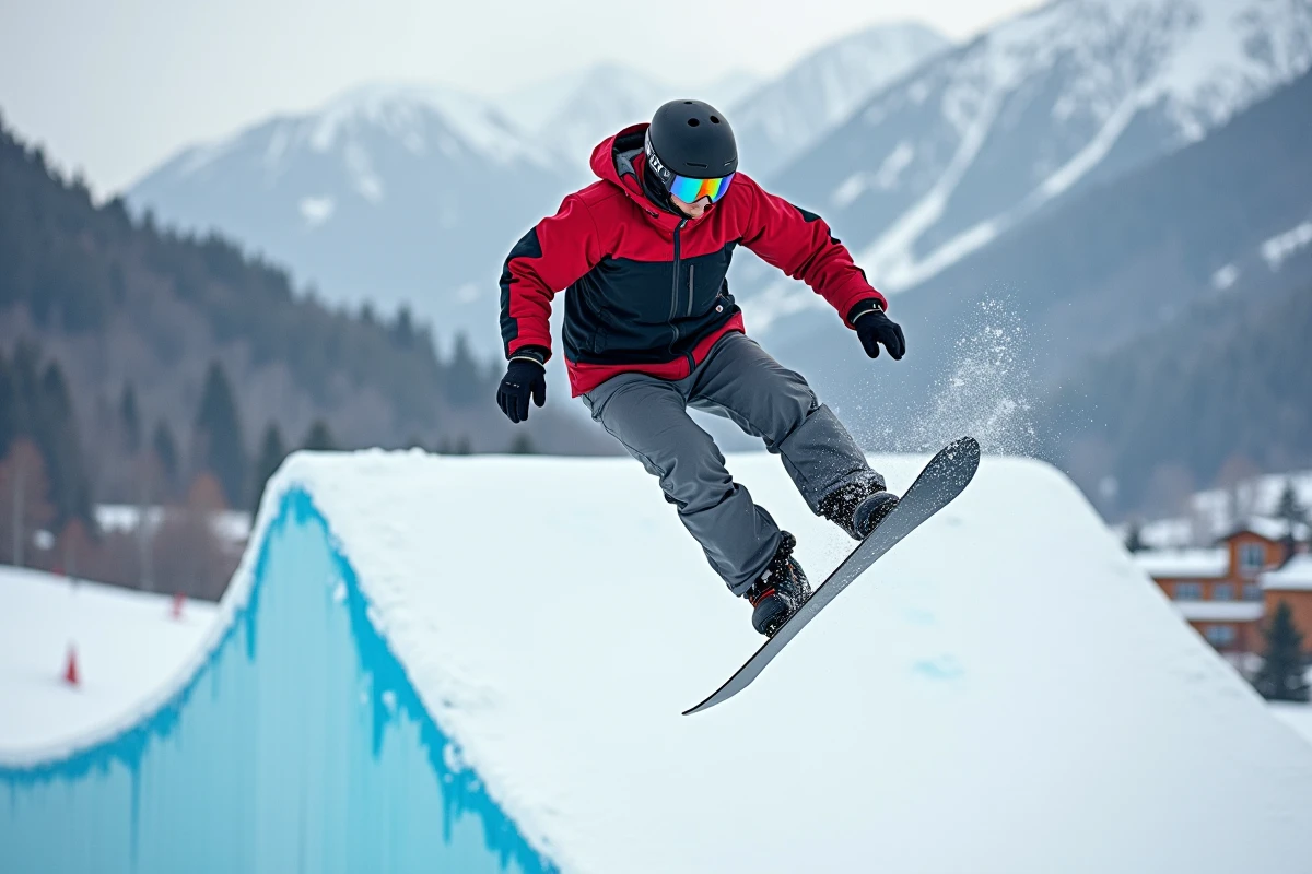 Snowboarder en plein vol au-dessus d'un big air lors d'une session freestyle au spot Air Egypt en montagne