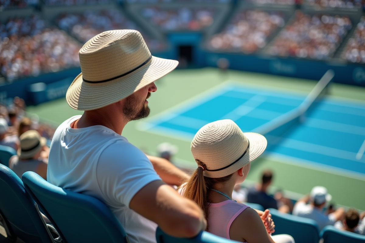 Père et fille regardant un match de tennis dans le stade