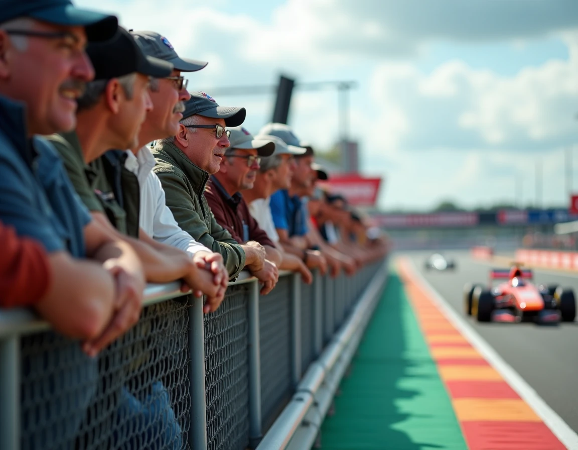 Spectateurs enthousiastes dans les tribunes d'un circuit de course automobile lors d'un week-end de compétition