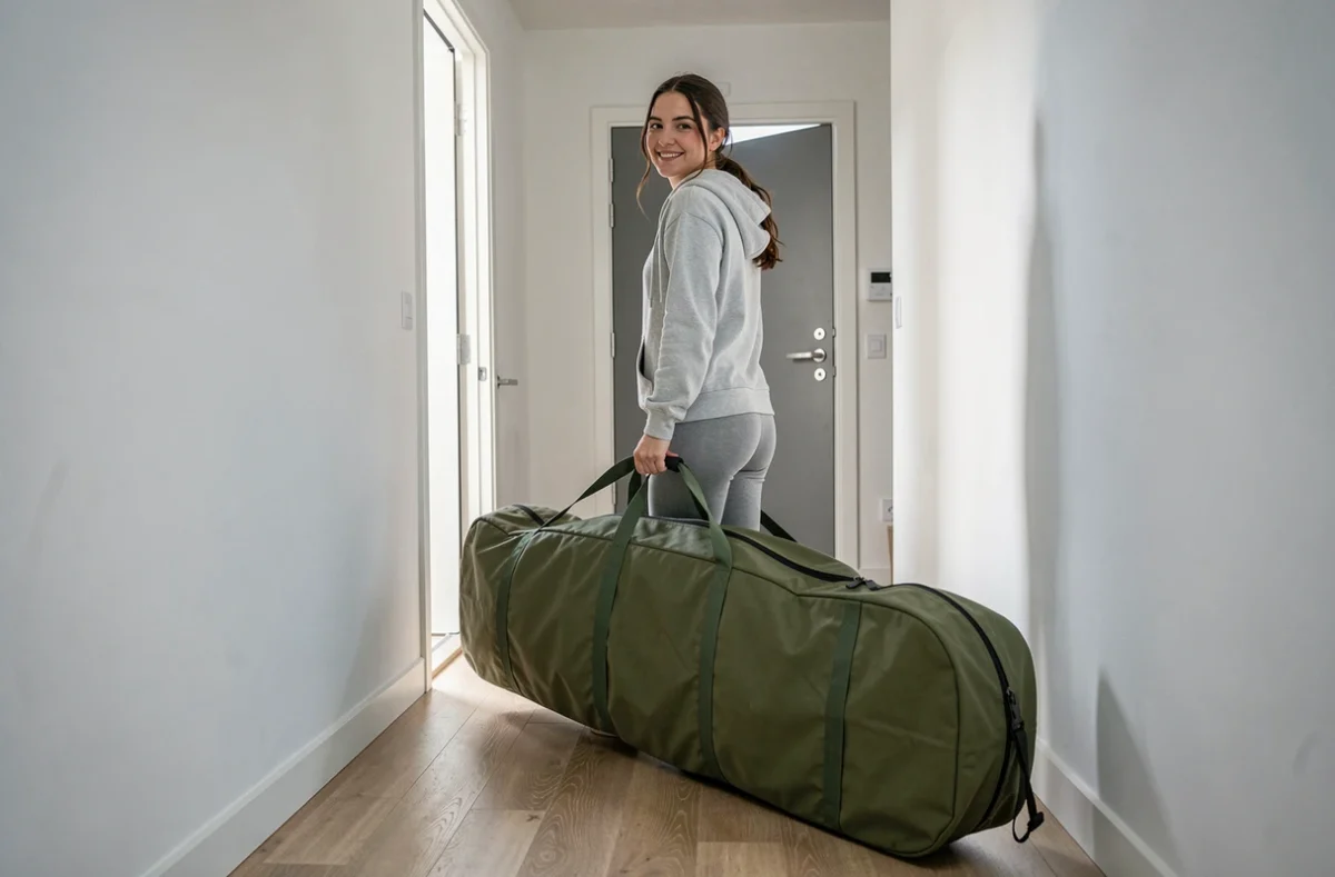 Femme transportant un stand-up paddle gonflable roulé dans son sac de transport dans un couloir d'appartement