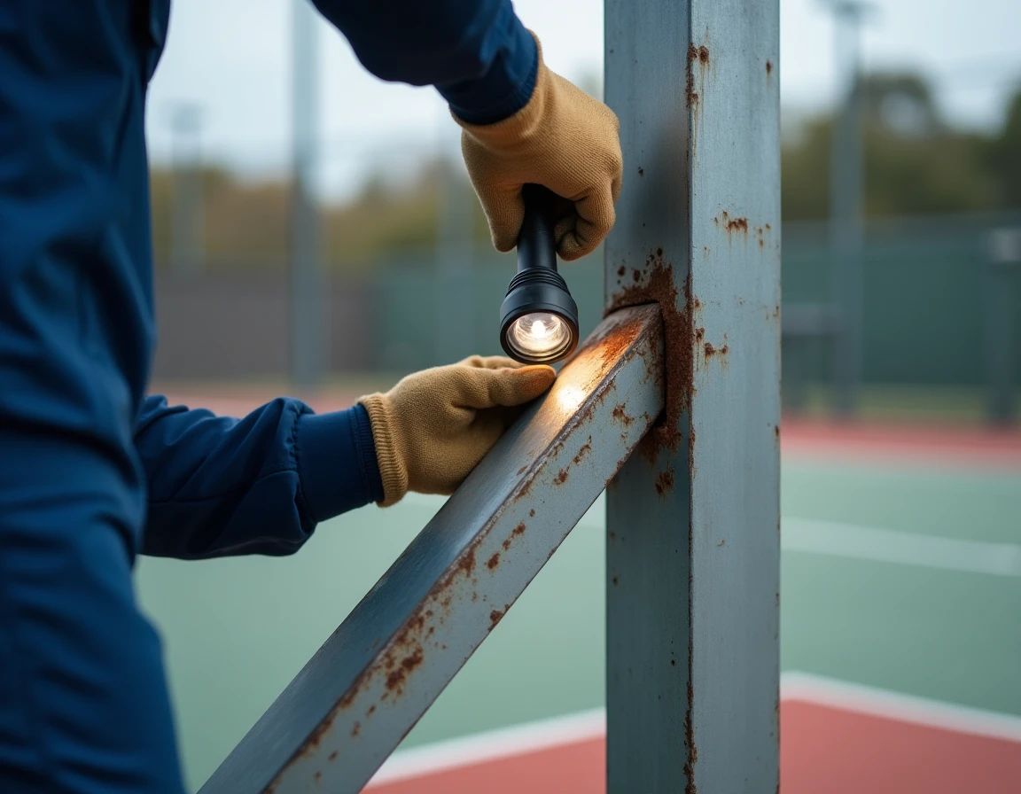 Technicien inspectant les soudures rouillées d'une structure acier de terrain de padel, illustrant les besoins d'entretien sous-estimés