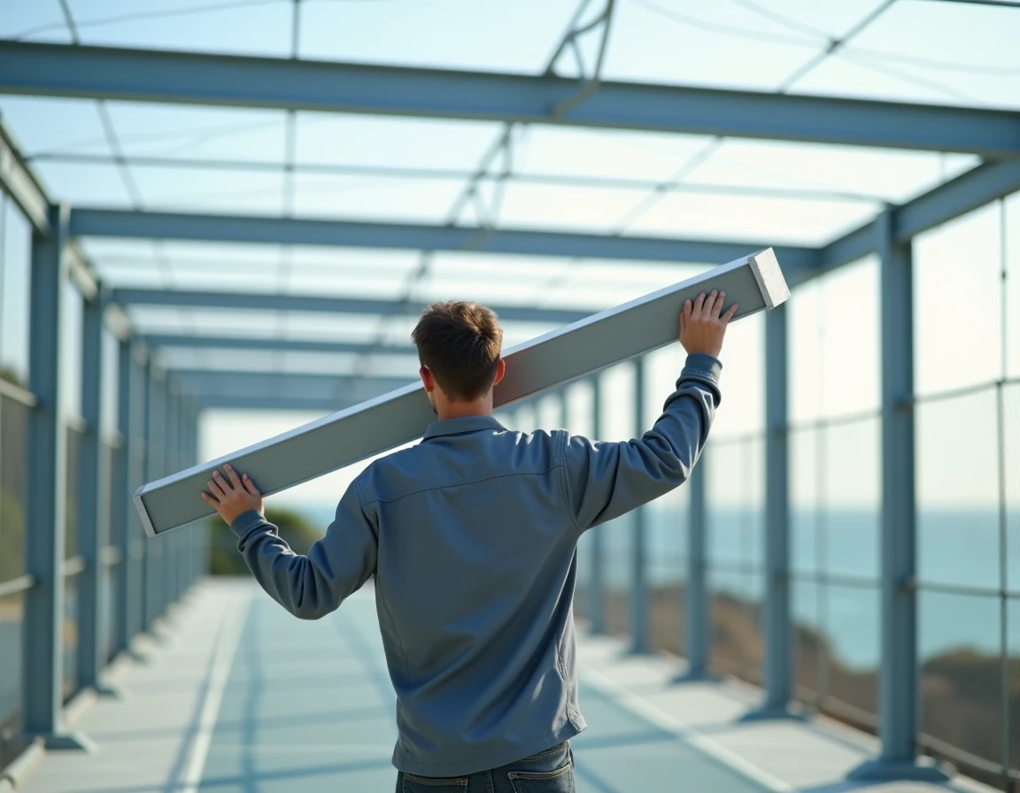 Installateur portant facilement un profilé en aluminium léger pour la construction d'un terrain de padel côtier résistant naturellement à la corrosion