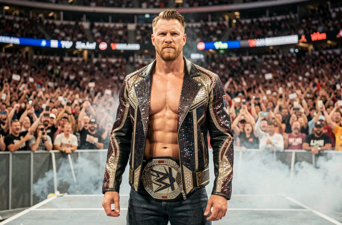 Superstar WWE faisant son entrée sur la rampe avec une ceinture de champion devant une foule immense lors d'un événement à Paris