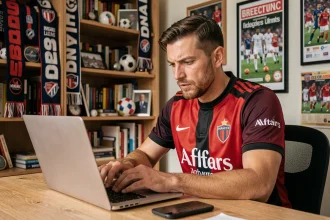Supporter de l'AS Monaco consultant un forum de foot sur son ordinateur portable dans un bureau à domicile décoré de memorabilia du club