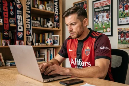 Supporter de l'AS Monaco consultant un forum de foot sur son ordinateur portable dans un bureau à domicile décoré de memorabilia du club