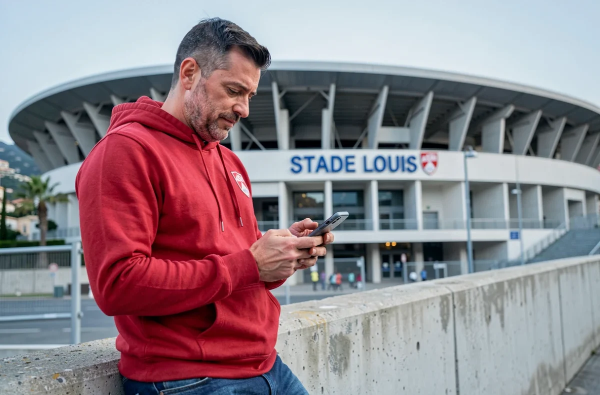 Fan de l'AS Monaco utilisant son smartphone devant le Stade Louis II pour partager des infos sur le forum supporters ASM