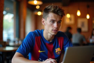Jeune supporter du FC Barcelone lisant l'actualité du Barça sur un ordinateur portable dans un café