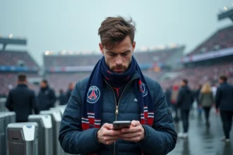Jeune homme avec écharpe paris fc devant le stade