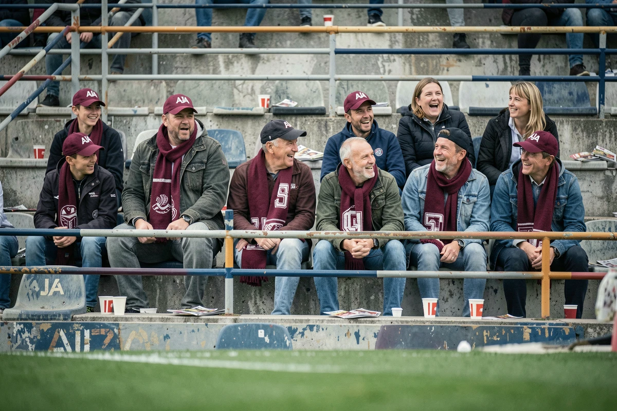 Supporters de l'AJA 1905 dans les tribunes d'un stade bourguignon portant écharpes et casquettes aux couleurs du club