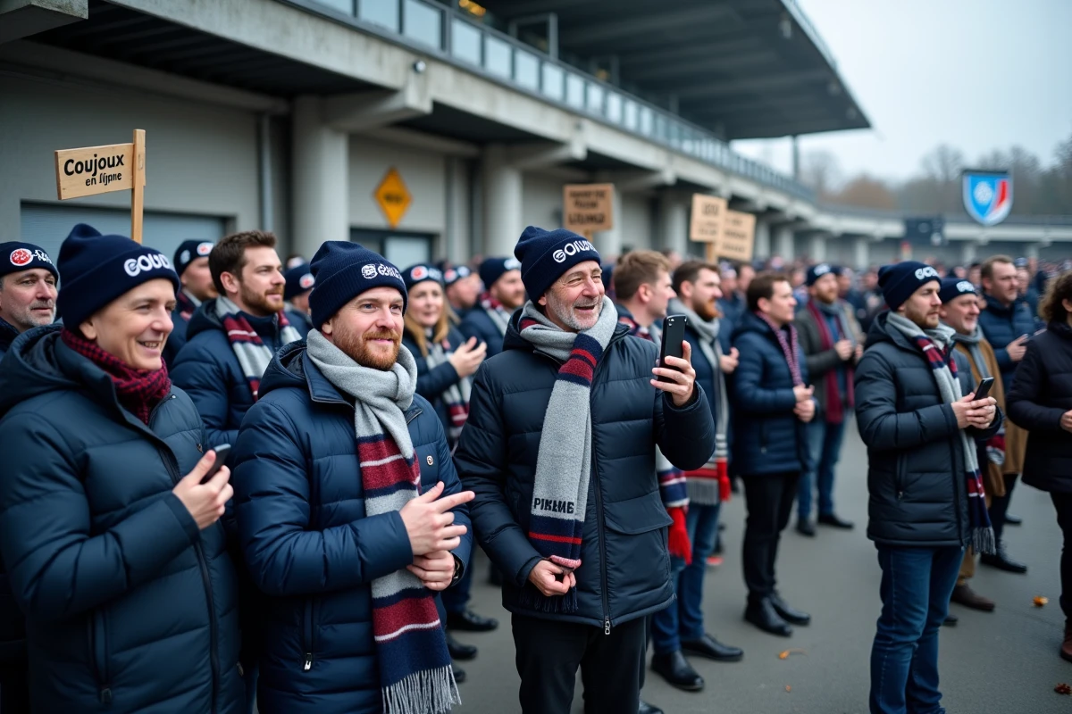 Supporters des Coujoux rassemblés devant le stade de rugby avec smartphones et banderole de la communauté en ligne CA libre