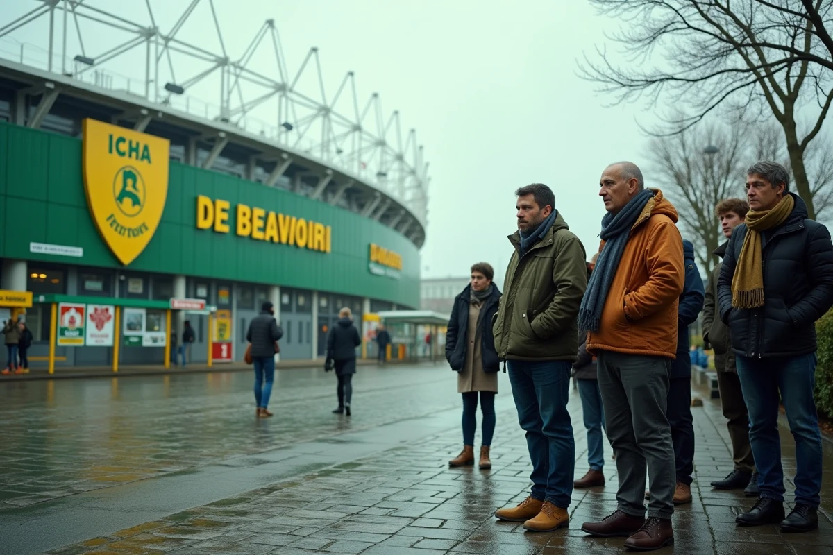 Supporters du FC Nantes devant le Stade de la Beaujoire consultant les rumeurs de mercato en automne