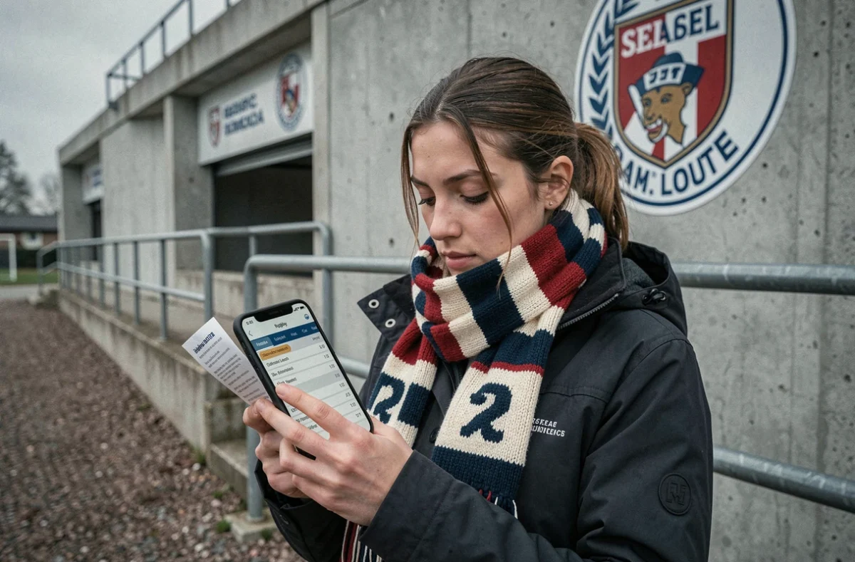 Supportrice de rugby consultant le classement Fédérale 3 2026 sur son smartphone devant un stade