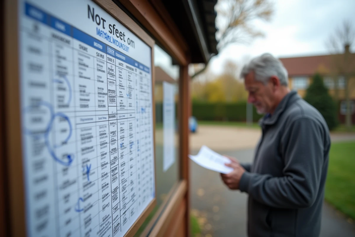Tableau de classement du district de football amateur affiché sur un panneau extérieur d'un club sportif de banlieue