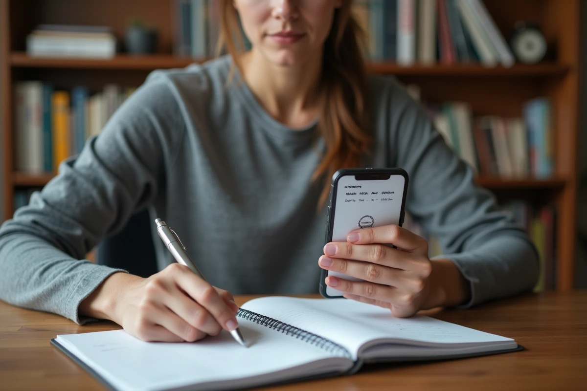 Femme consultant un tableau de conversion vitesse allure km/h min/km sur smartphone avec carnet d'entraînement