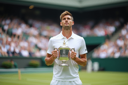 Joueur de tennis masculin tenant un trophée sur court extérieur